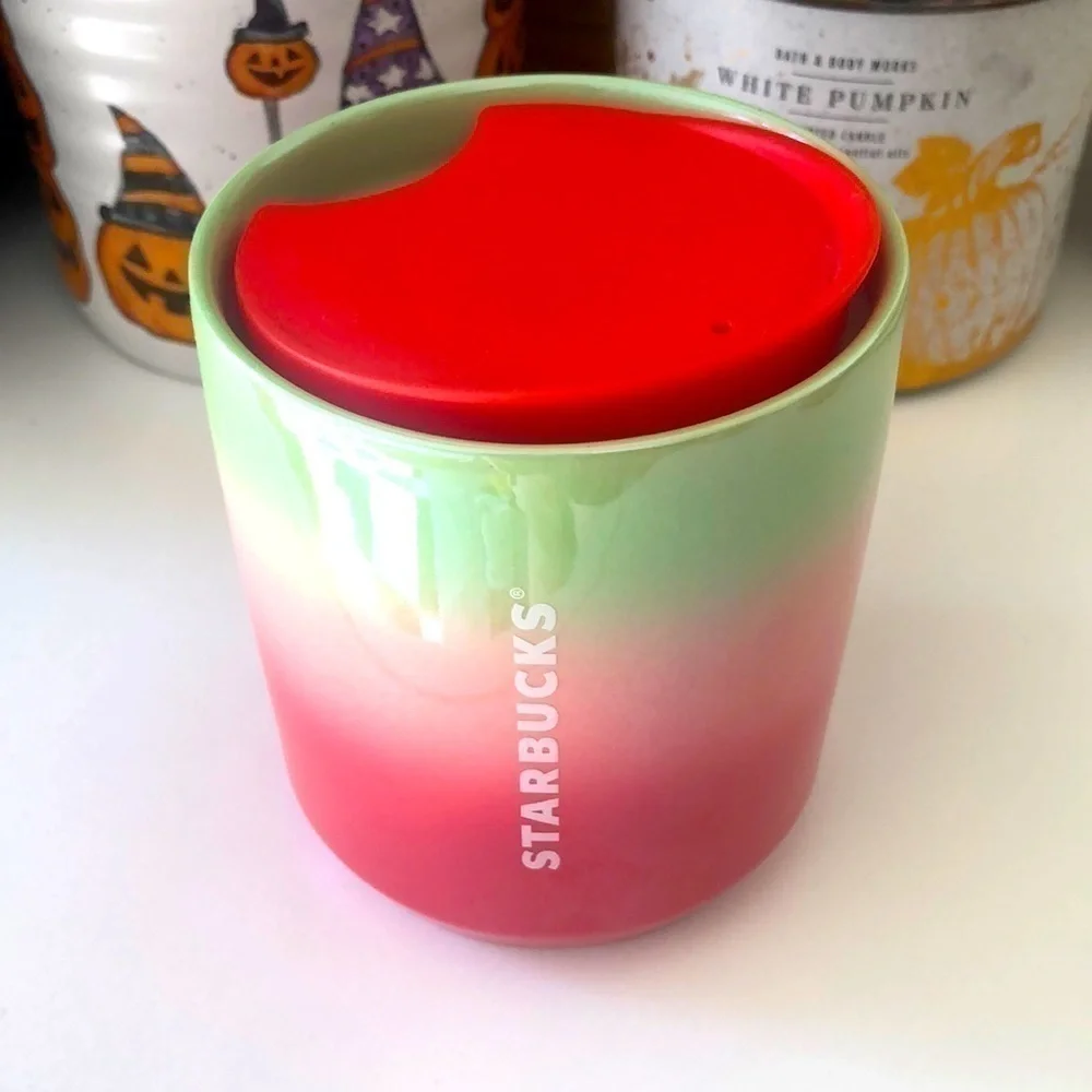 NWT STARBUCKS OMBRÉ SHORT RED, PINK & GREEN CERAMIC TUMBLER 8 OZ